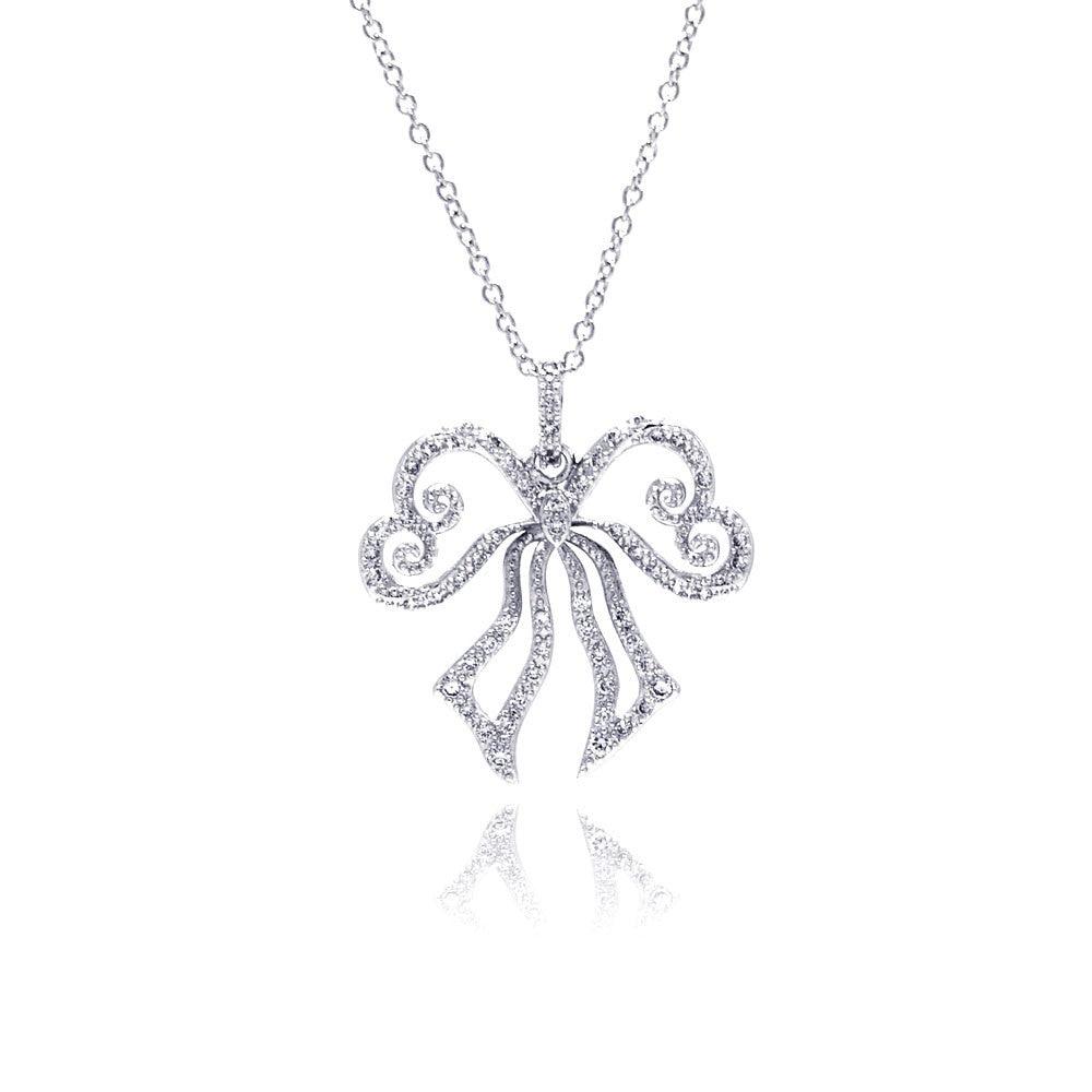 Closeout-Silver 925 Rhodium Plated Open Ribbon CZ Necklace - BGP00320