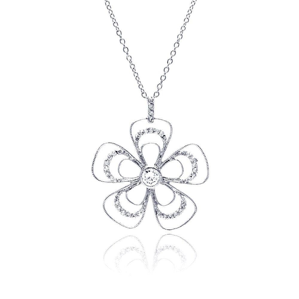 Closeout-Silver 925 Rhodium Plated Open Flower CZ Necklace - BGP00321