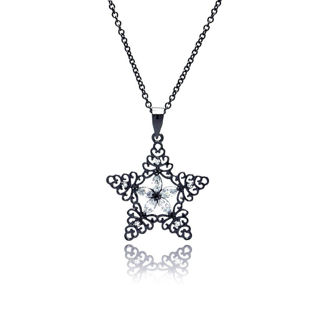 Silver 925 Black Rhodium Plated Star CZ Necklace - BGP00322