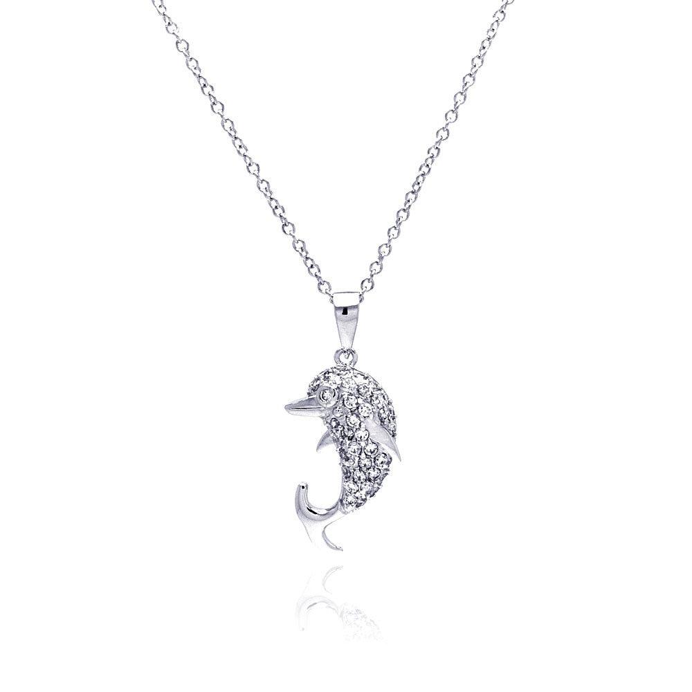 Silver 925 Rhodium Plated Dolphin CZ Necklace - BGP00329