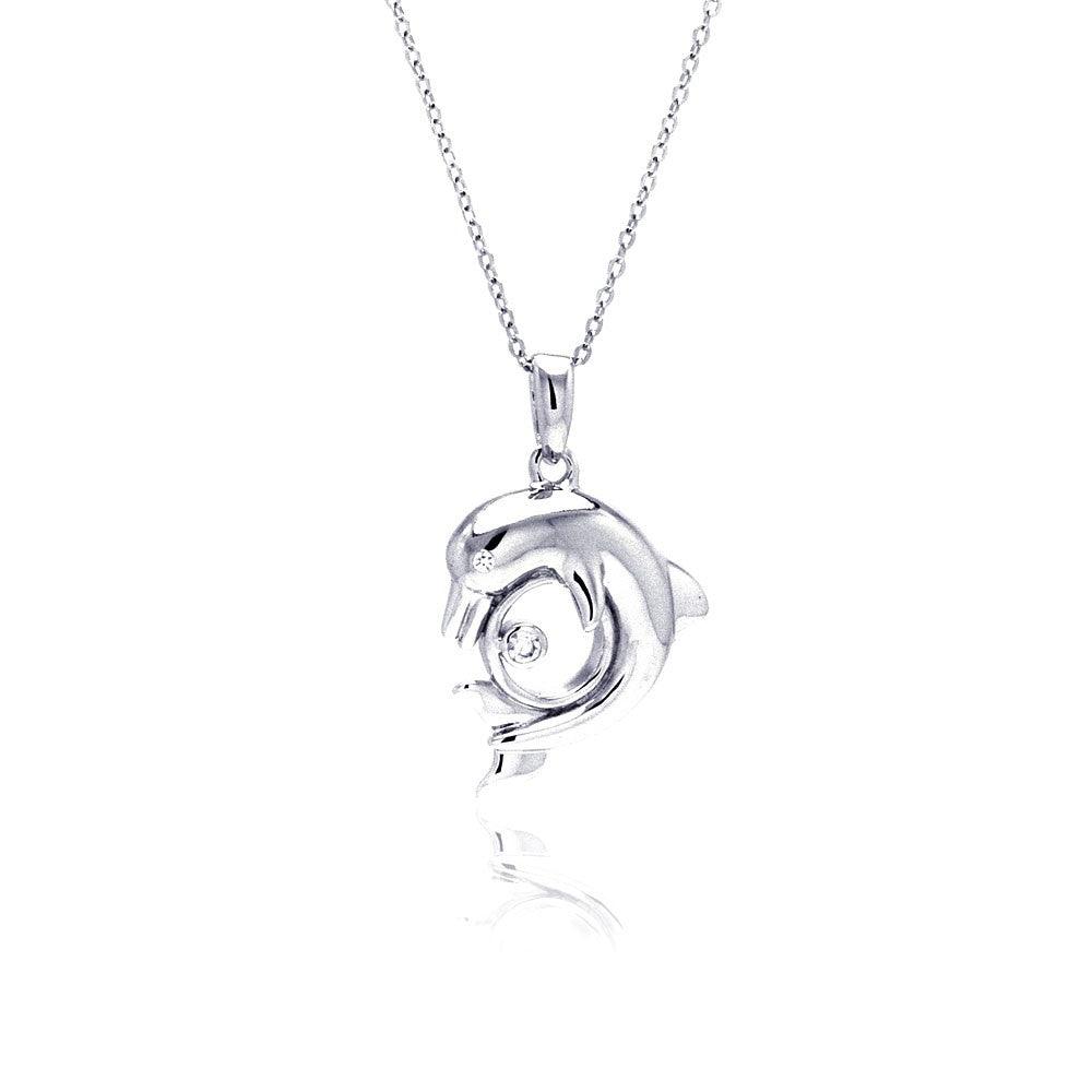 Silver 925 Rhodium Plated Dolphin CZ Necklace - BGP00335