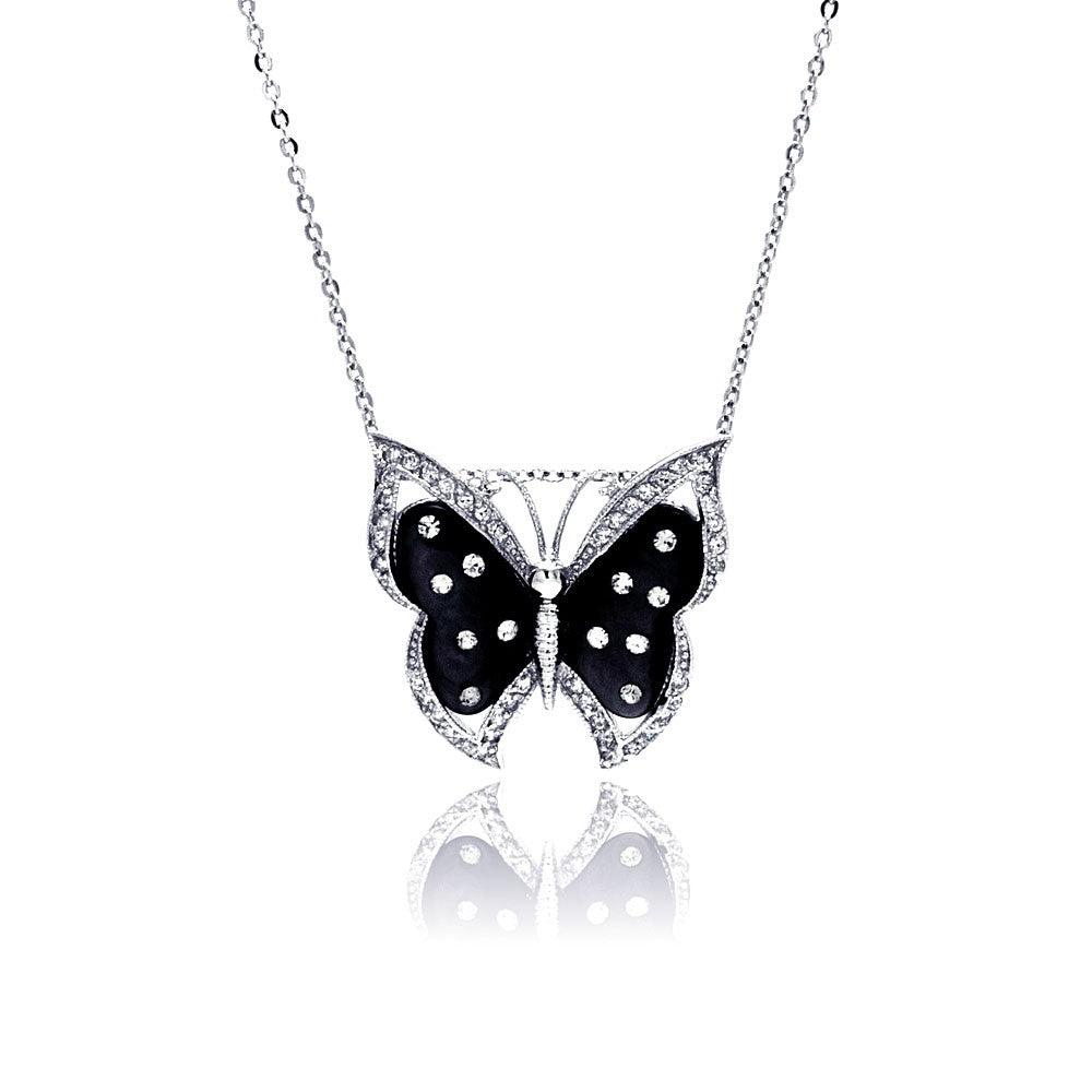 Silver 925 Rhodium Plated Black Mother of Pearl Butterfly CZ Necklace - BGP00337