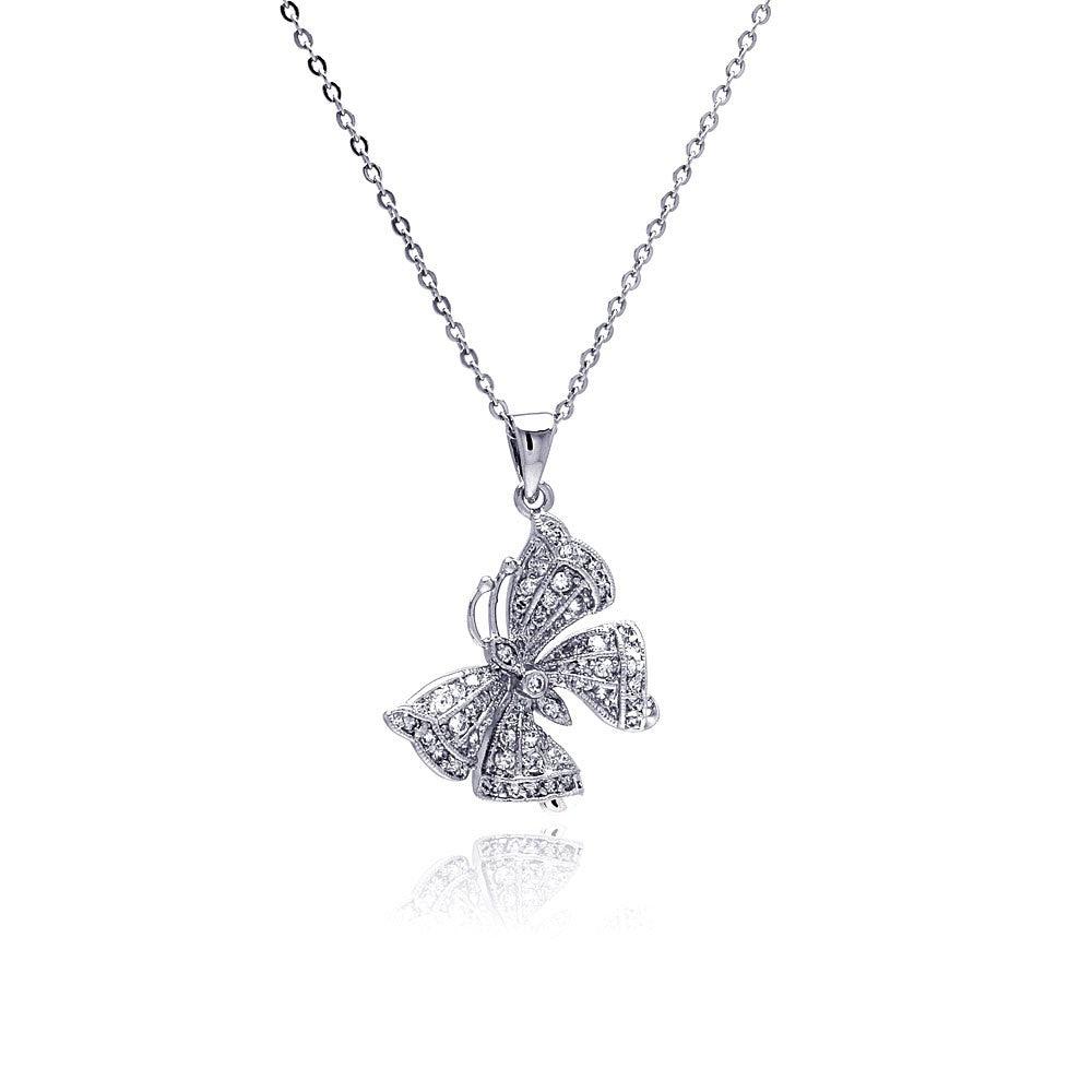 Silver 925 Rhodium Plated Butterfly CZ Necklace - BGP00339