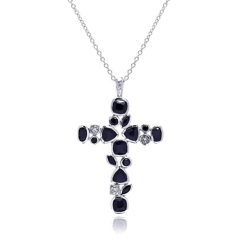 Silver 925 Rhodium Plated Cross Black and Clear Multi-shape CZ Necklace - BGP00341