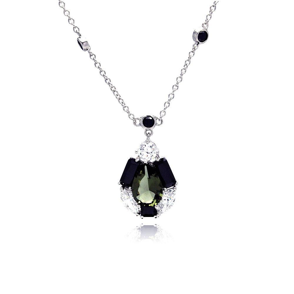 Closeout-Silver 925 Rhodium Plated Green Center Teardrop Black Baguette CZ Necklace - BGP00342