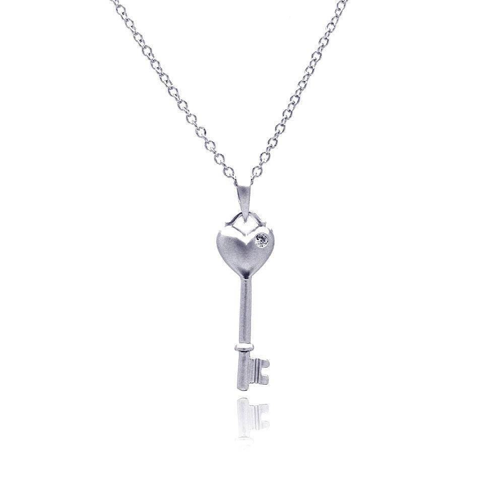 Silver 925 Rhodium Plated Heart Key CZ Necklace - BGP00369