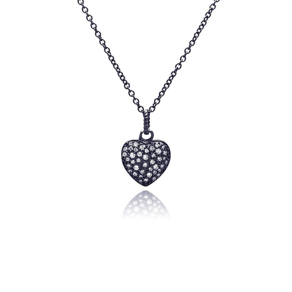 Silver 925 Black Rhodium Plated Heart CZ Necklace - BGP00371