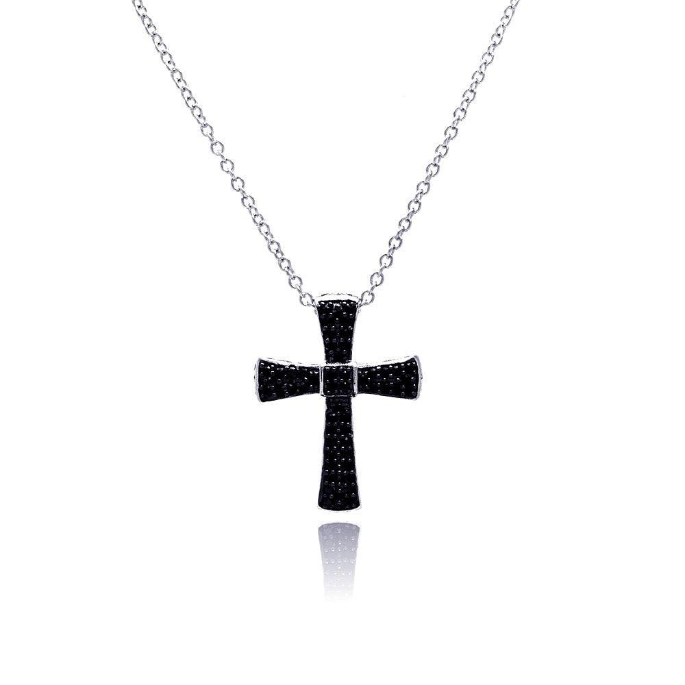 Closeout-Silver 925 Rhodium Plated Cross Black CZ Necklace - BGP00372