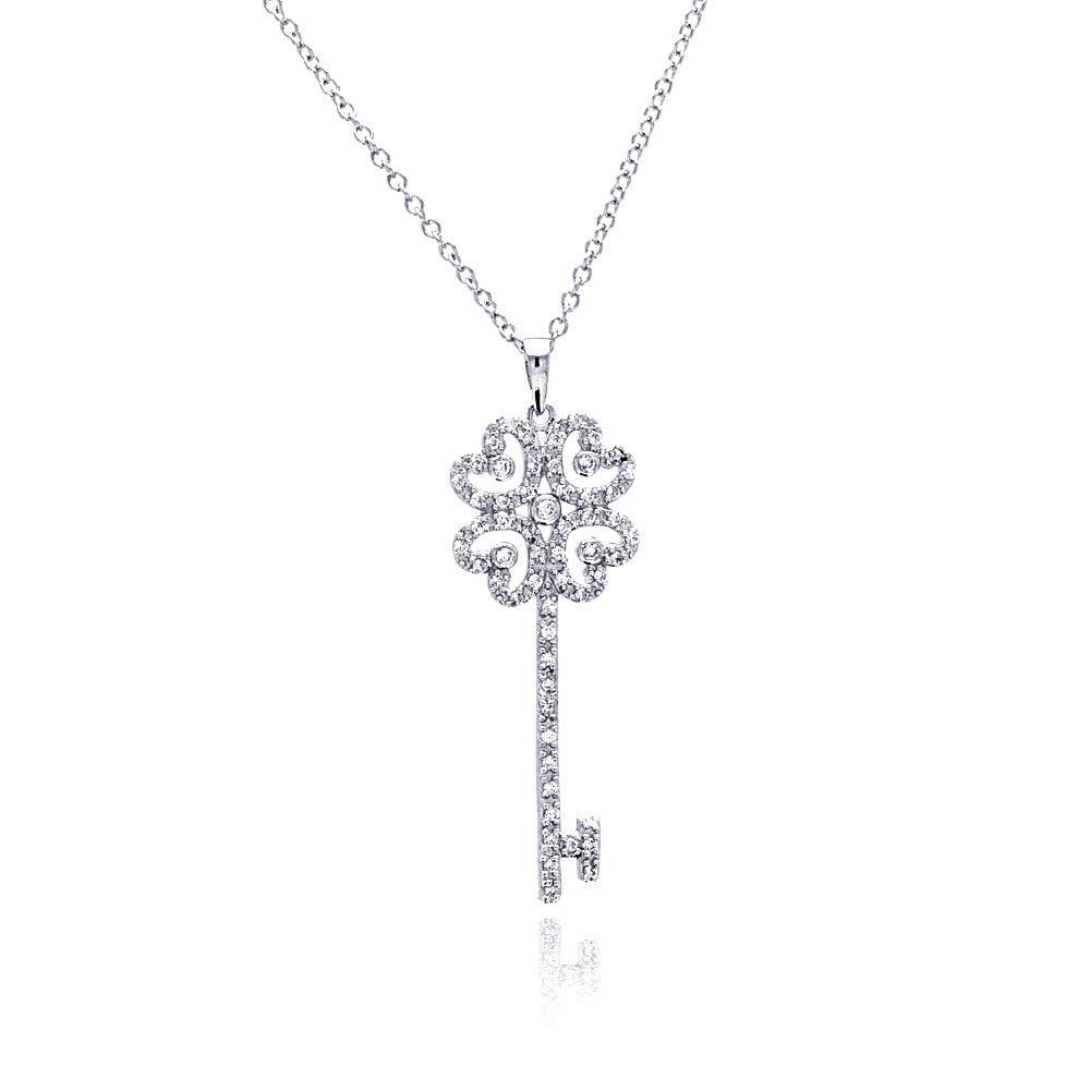 Silver 925 Rhodium Plated Open Heart Key CZ Necklace - BGP00375