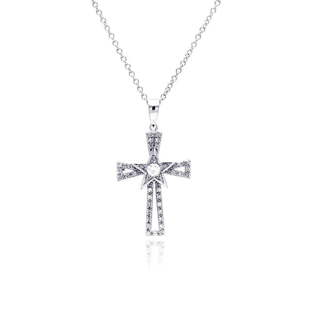 Silver 925 Rhodium Plated Cross Open CZ Necklace - BGP00376