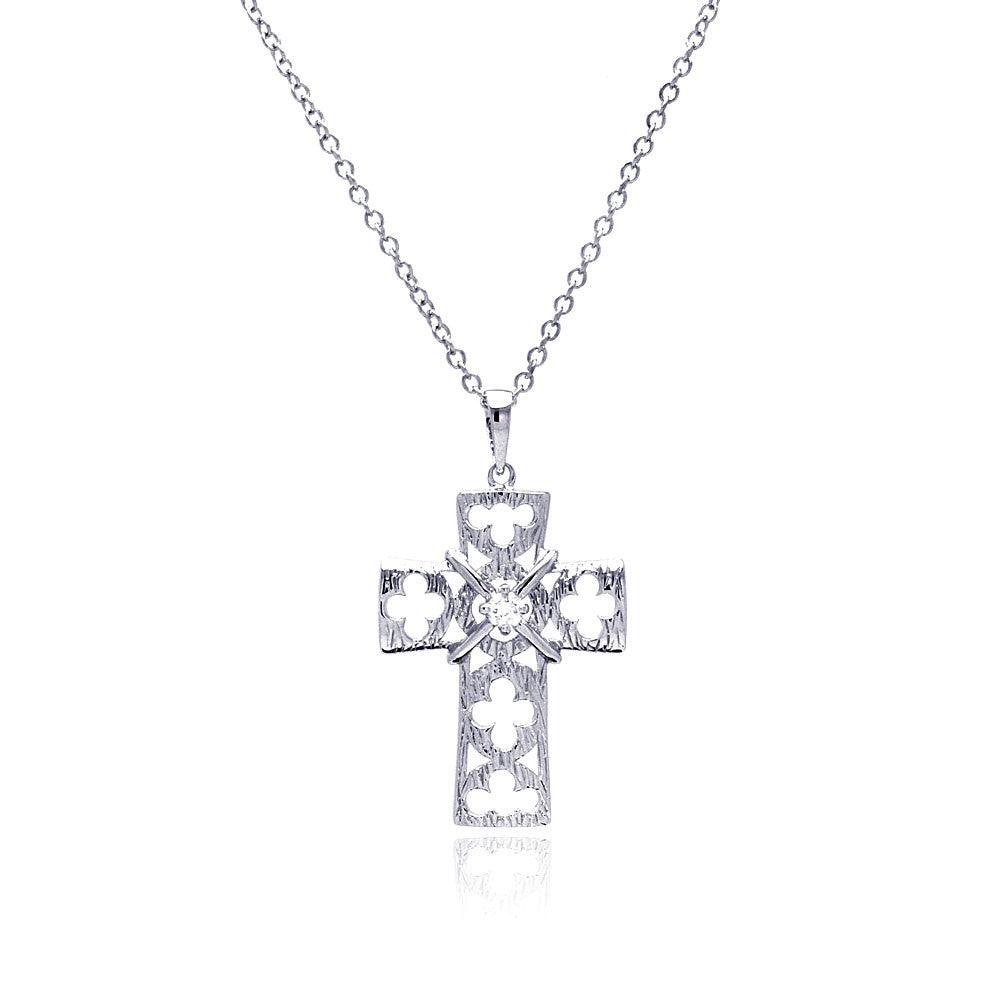 Silver 925 Rhodium Plated Open Clover Leaf Cross CZ Necklace - BGP00429