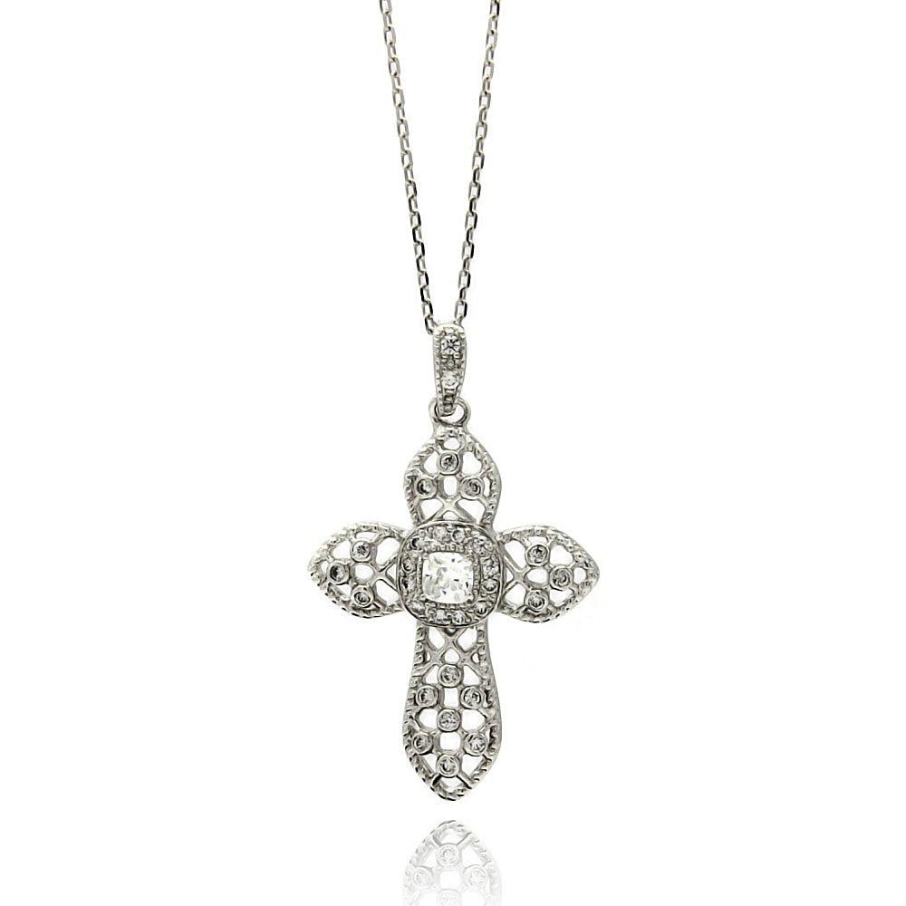 Silver 925 Rhodium Plated Net Cross CZ Necklace - BGP00431