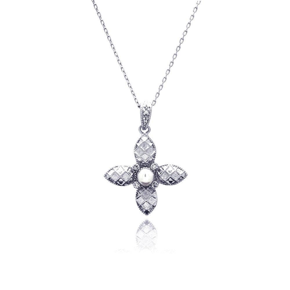 Closeout-Silver 925 Rhodium Plated Flower CZ Center Pearl Necklace - BGP00432