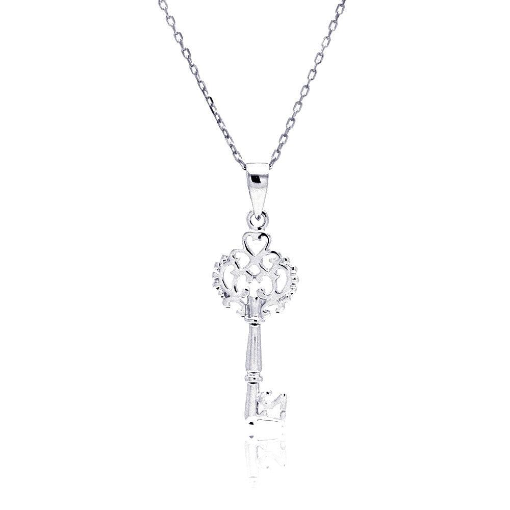 Silver 925 Rhodium Plated Open Key CZ Necklace - BGP00434