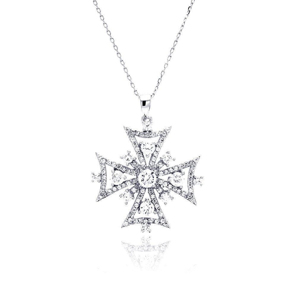 Silver 925 Rhodium Plated Outline Cross CZ Necklace - BGP00435