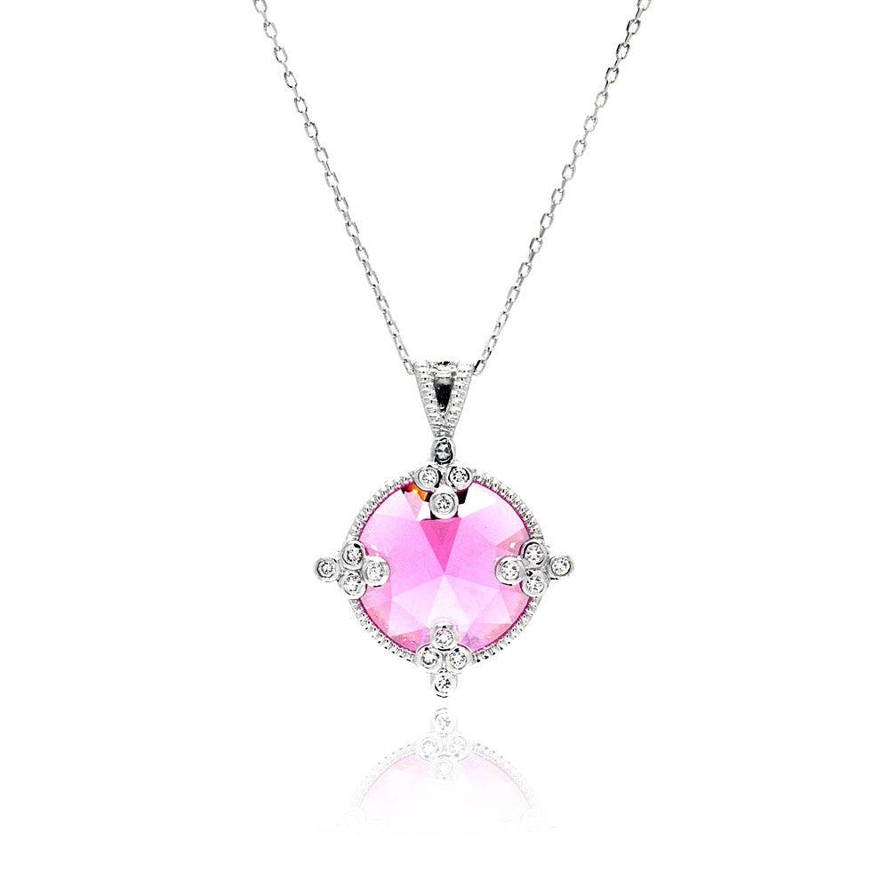 Silver 925 Rhodium Plated Pink Round CZ Necklace - BGP00447