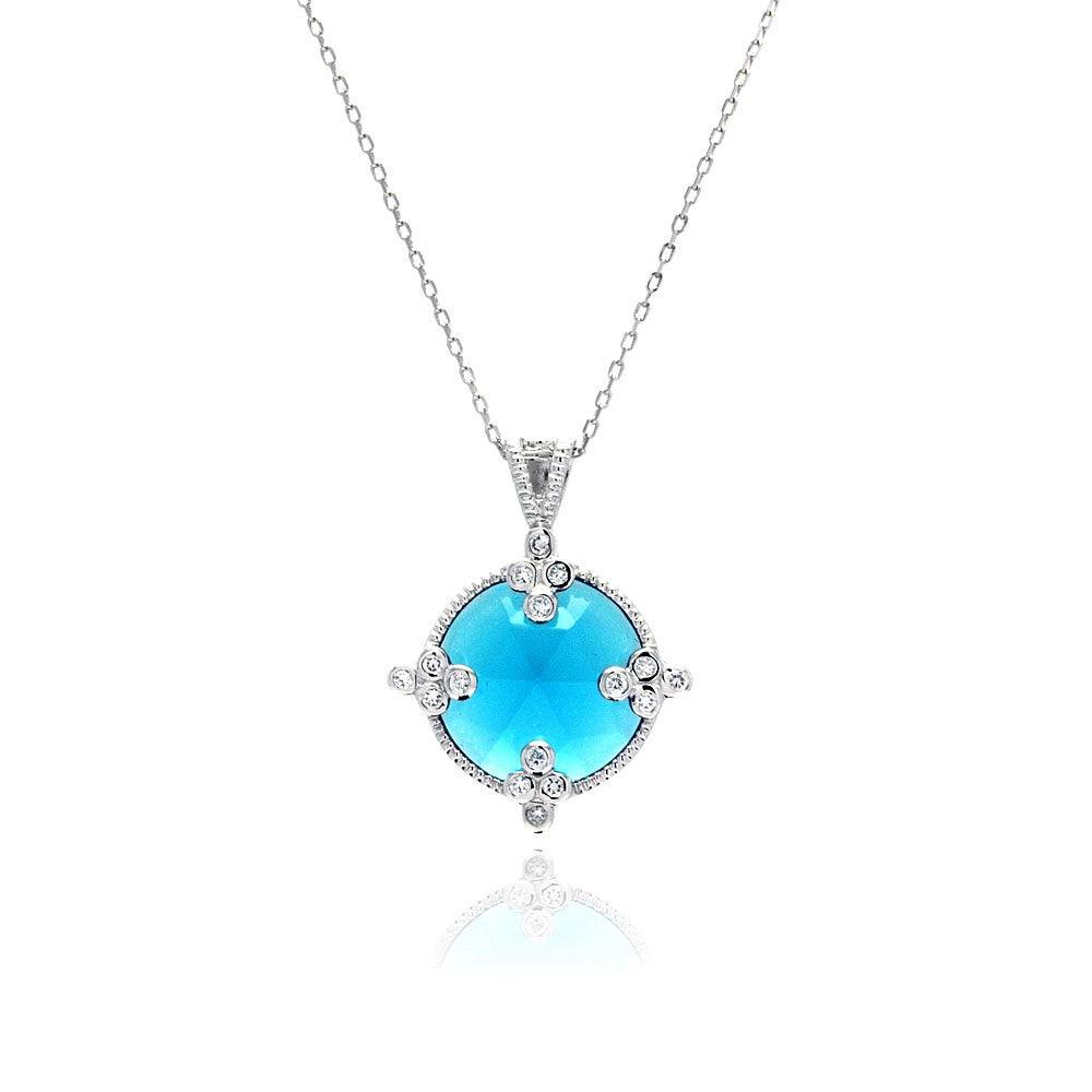 Silver 925 Rhodium Plated Round Blue CZ Necklace - BGP00449