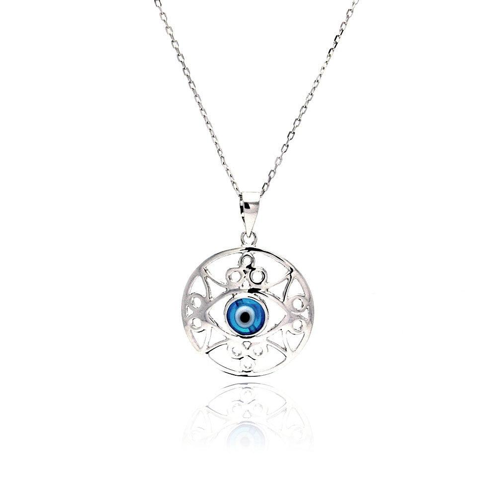 Silver 925 Rhodium Plated Outline Disc Evil Eye CZ Necklace - BGP00461