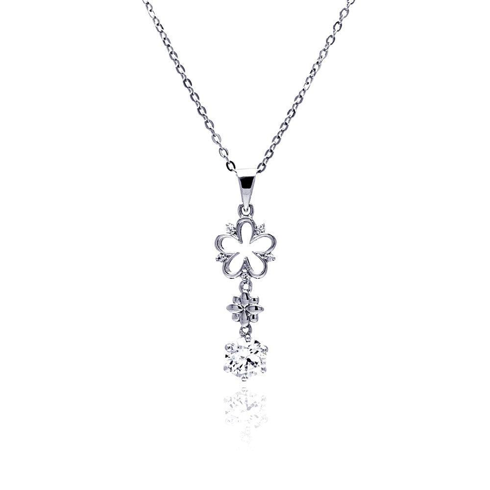 Silver 925 Rhodium Plated Open Flower CZ Hanging Necklace - BGP00476