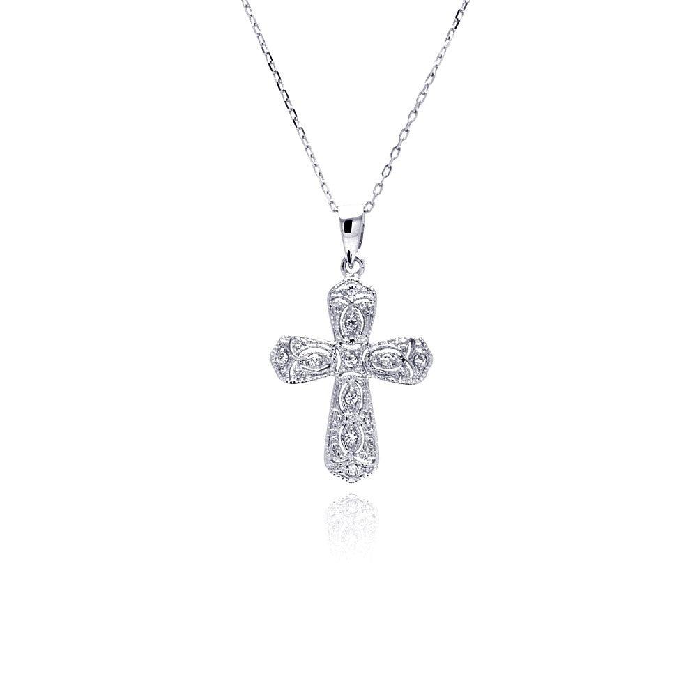 Silver 925 Rhodium Plated Cross CZ Necklace - BGP00483