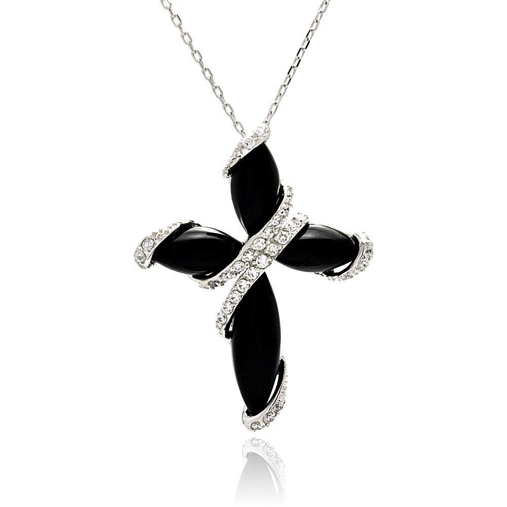 Silver 925 Rhodium Plated Black Onyx Cross CZ Necklace - BGP00488