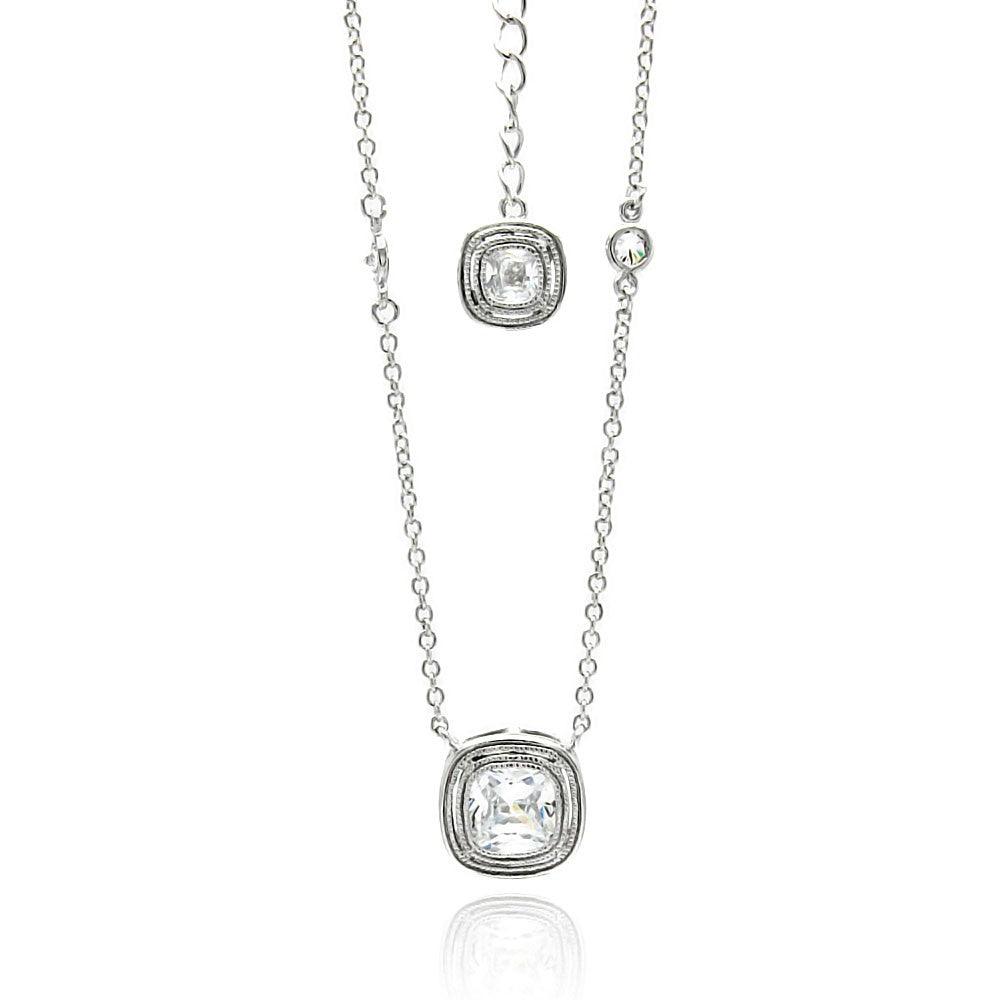 Silver 925 Rhodium Plated Double Square CZ Necklace - BGP00494