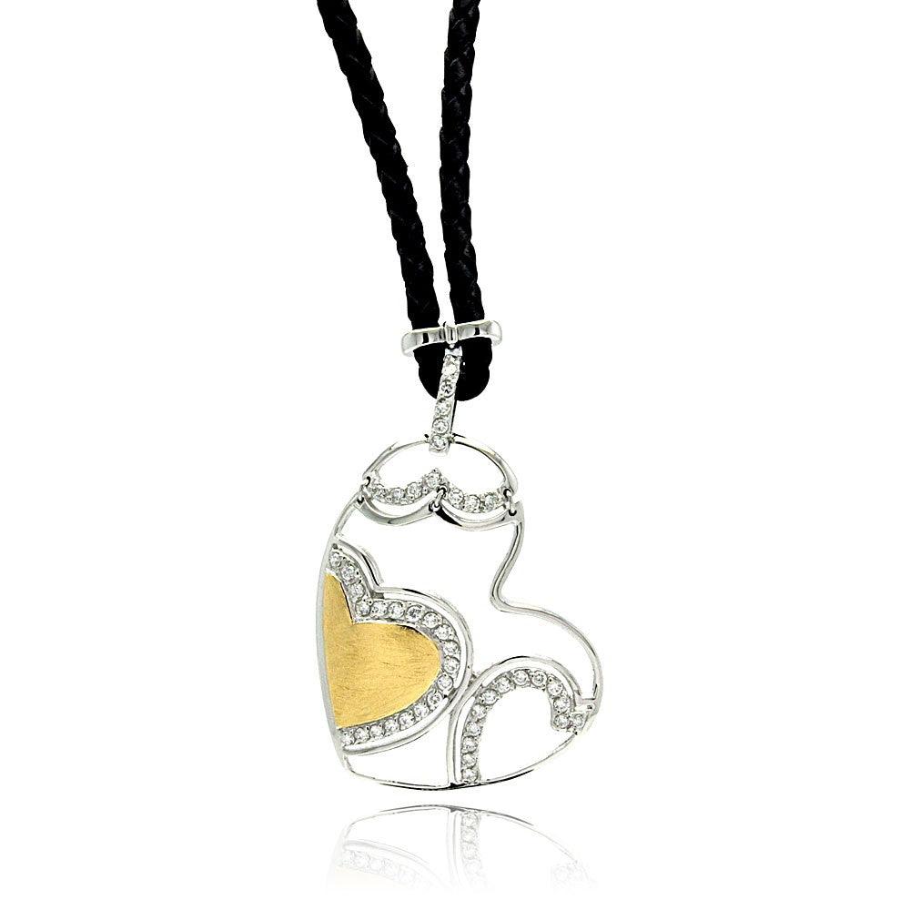 Closeout-Silver 925 Rhodium Plated Two Tone Heart CZ Leather Cord Necklace - BGP00498