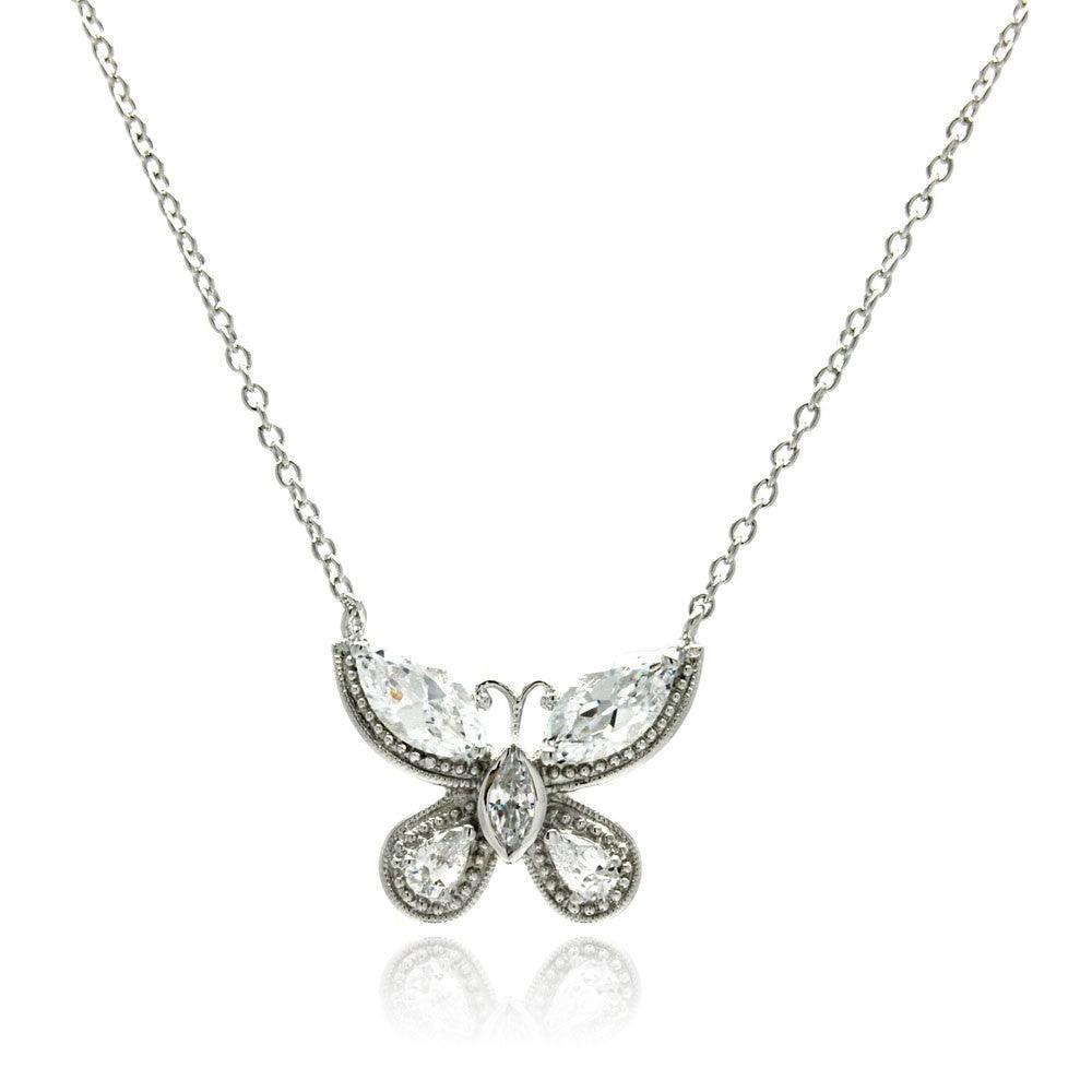 Silver 925 Rhodium Plated Butterfly CZ Necklace - BGP00502