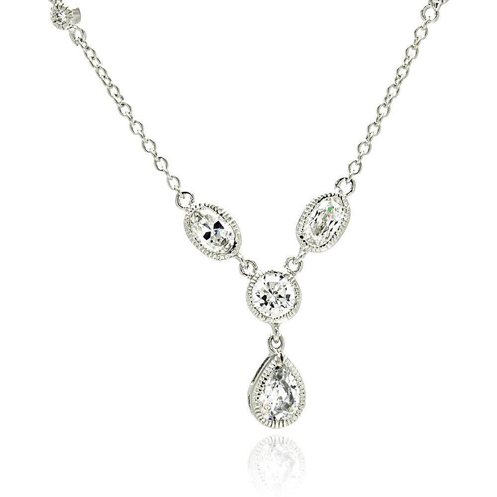 Silver 925 Rhodium Plated Teardrop Round Oval Clear CZ Necklace - BGP00503