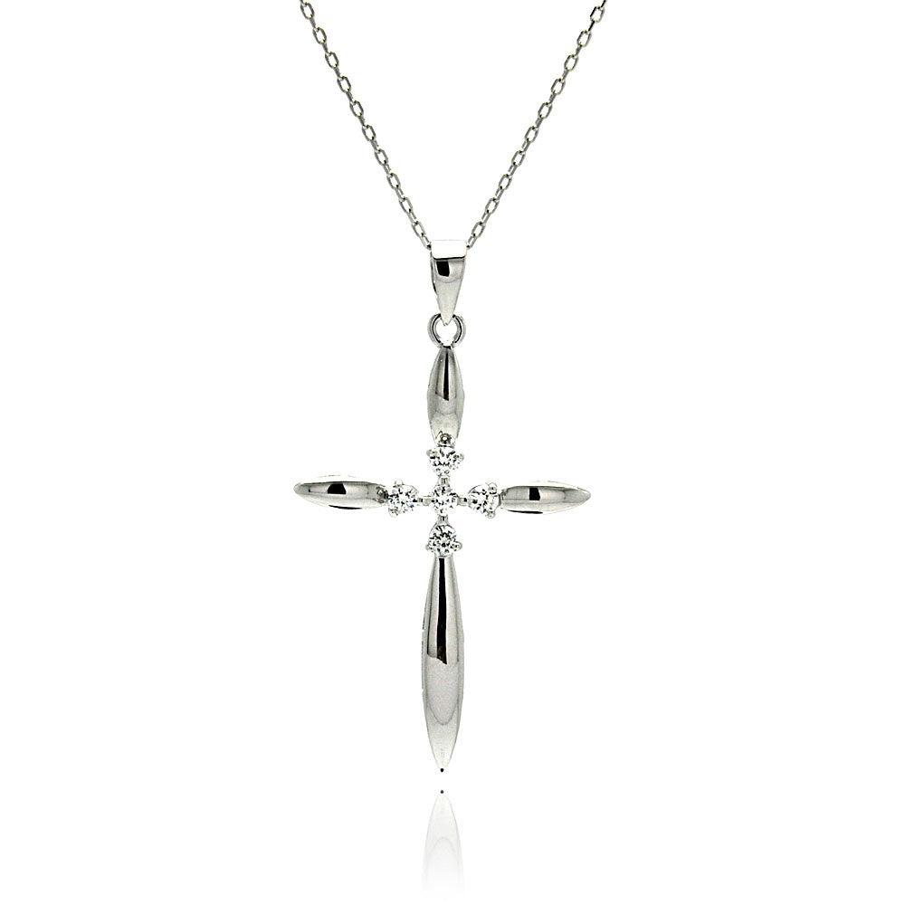 Silver 925 Rhodium Plated High Polished Cross CZ Necklace - BGP00507