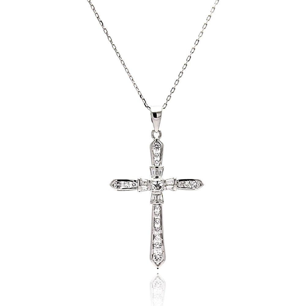 Silver 925 Rhodium Plated Cross CZ Necklace - BGP00511