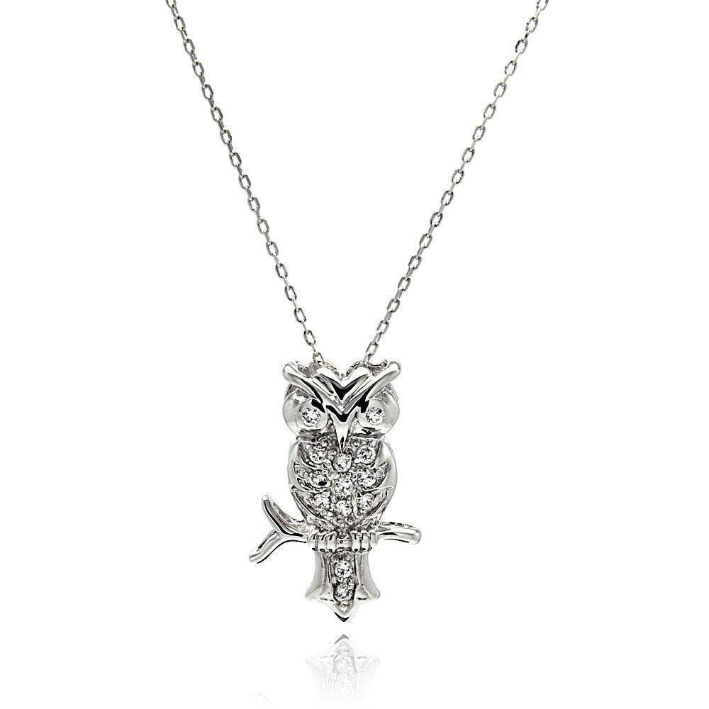 Silver 925 Rhodium Plated Owl CZ Necklace - BGP00512