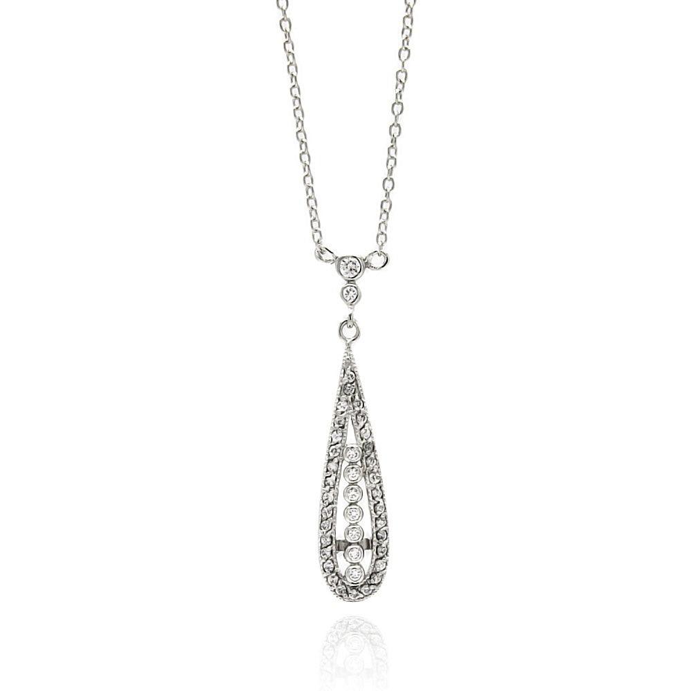 Silver 925 Rhodium Plated Long Teardrop CZ Necklace - BGP00513