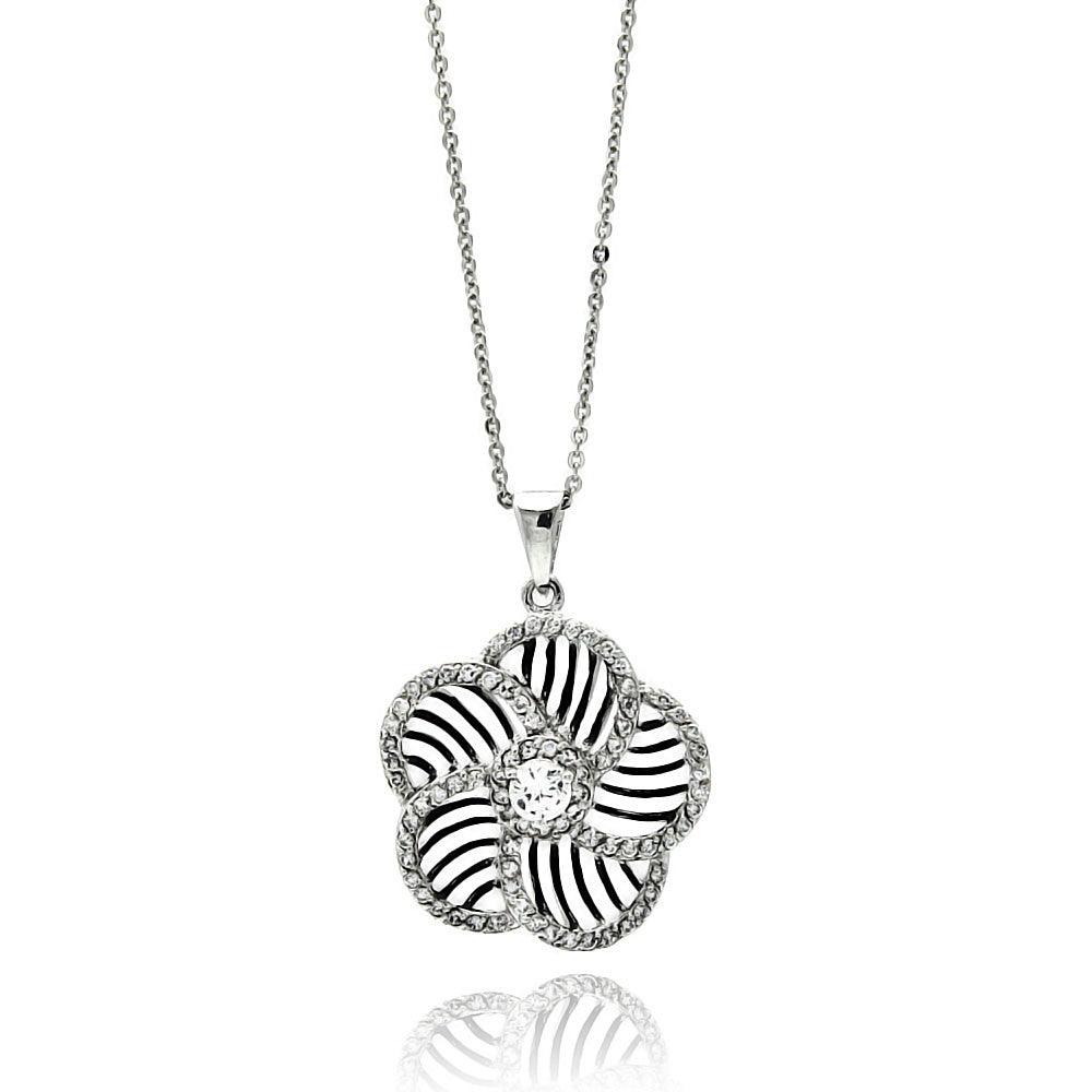 Closeout-Silver 925 Rhodium Plated Flower Inner Zebra Print CZ Necklace - BGP00519