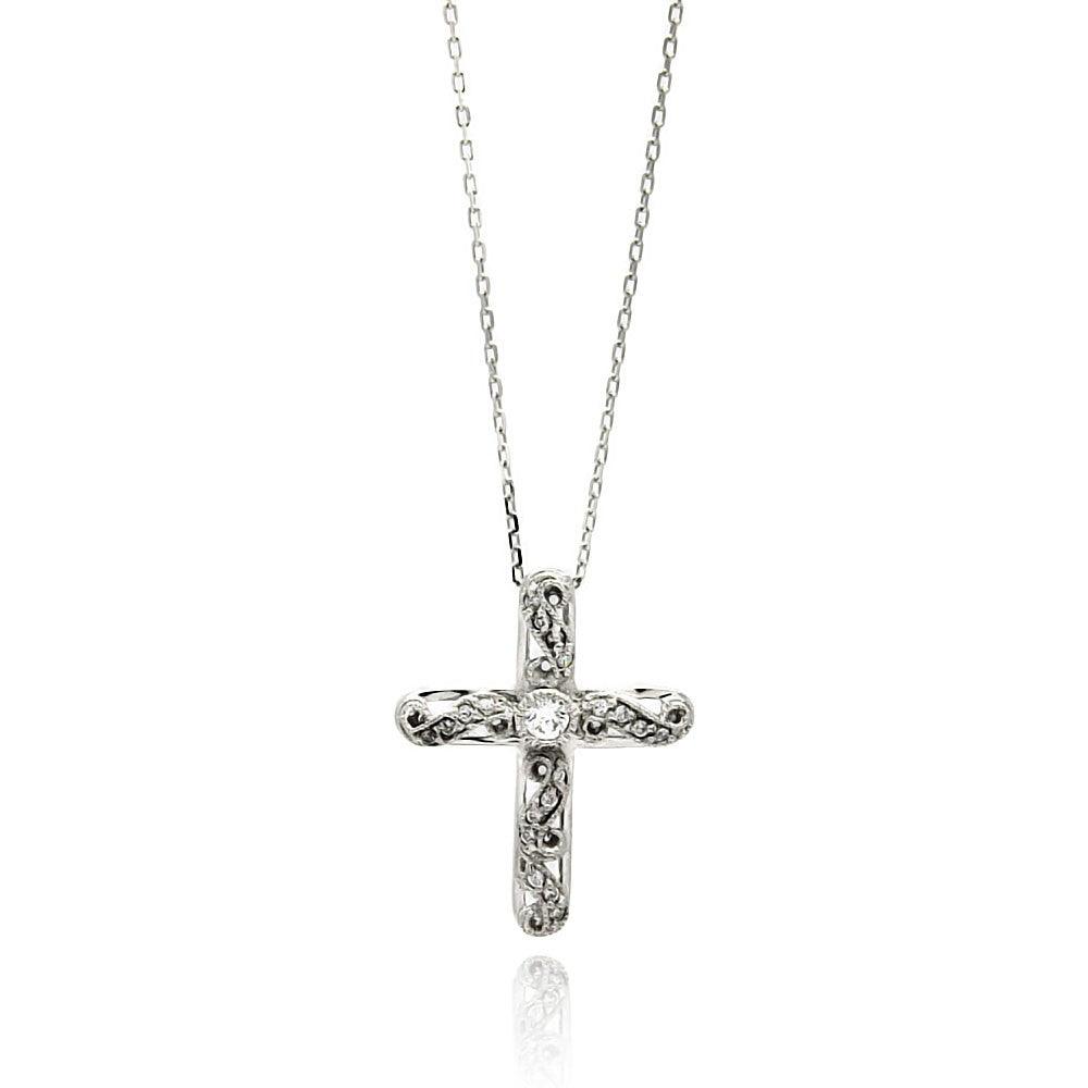 Silver 925 Rhodium Plated Wave Cross CZ Necklace - BGP00523