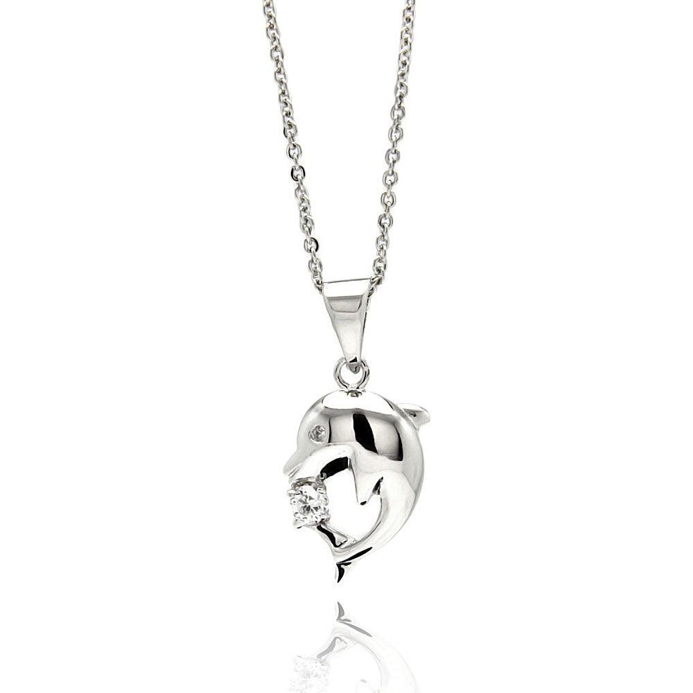 Silver 925 Rhodium Plated Dolphin CZ Necklace - BGP00532