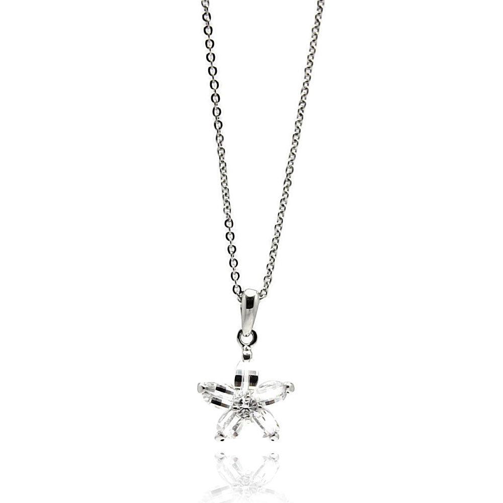 Closeout-Silver 925 Rhodium Plated Flower Design CZ Necklace - BGP00535