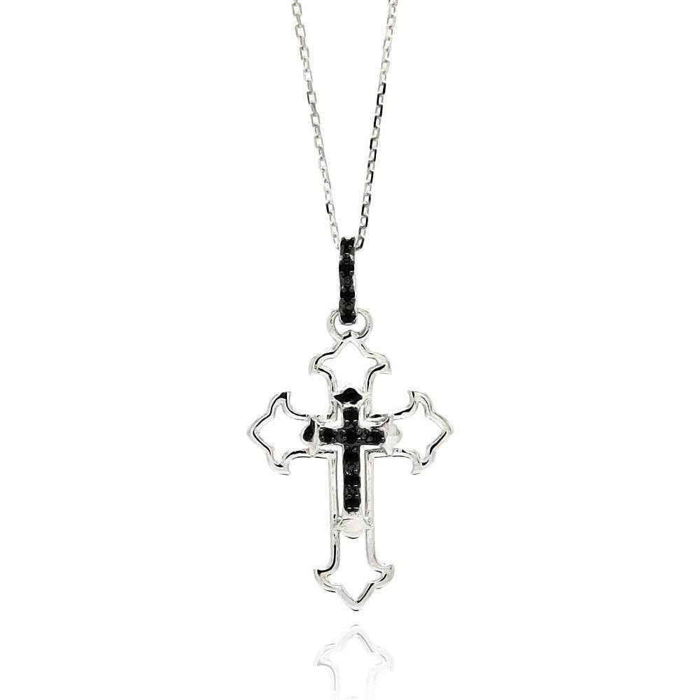 Silver 925 Rhodium Plated Open Cross Black and Clear CZ Necklace - BGP00547