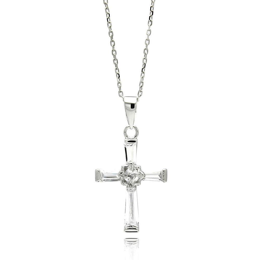 Silver 925 Rhodium Plated Cross CZ Necklace - BGP00549