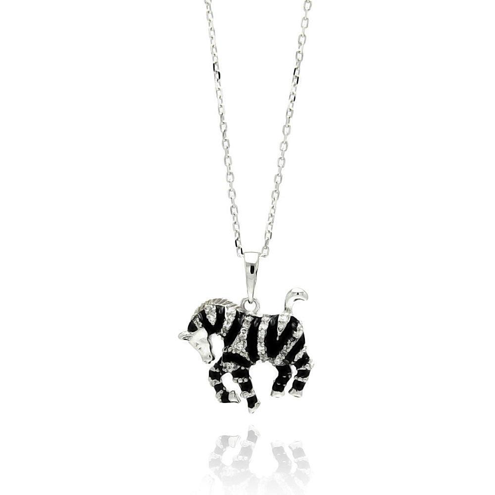 Silver 925 Rhodium Plated Black Onyx Zebra CZ Necklace - BGP00552