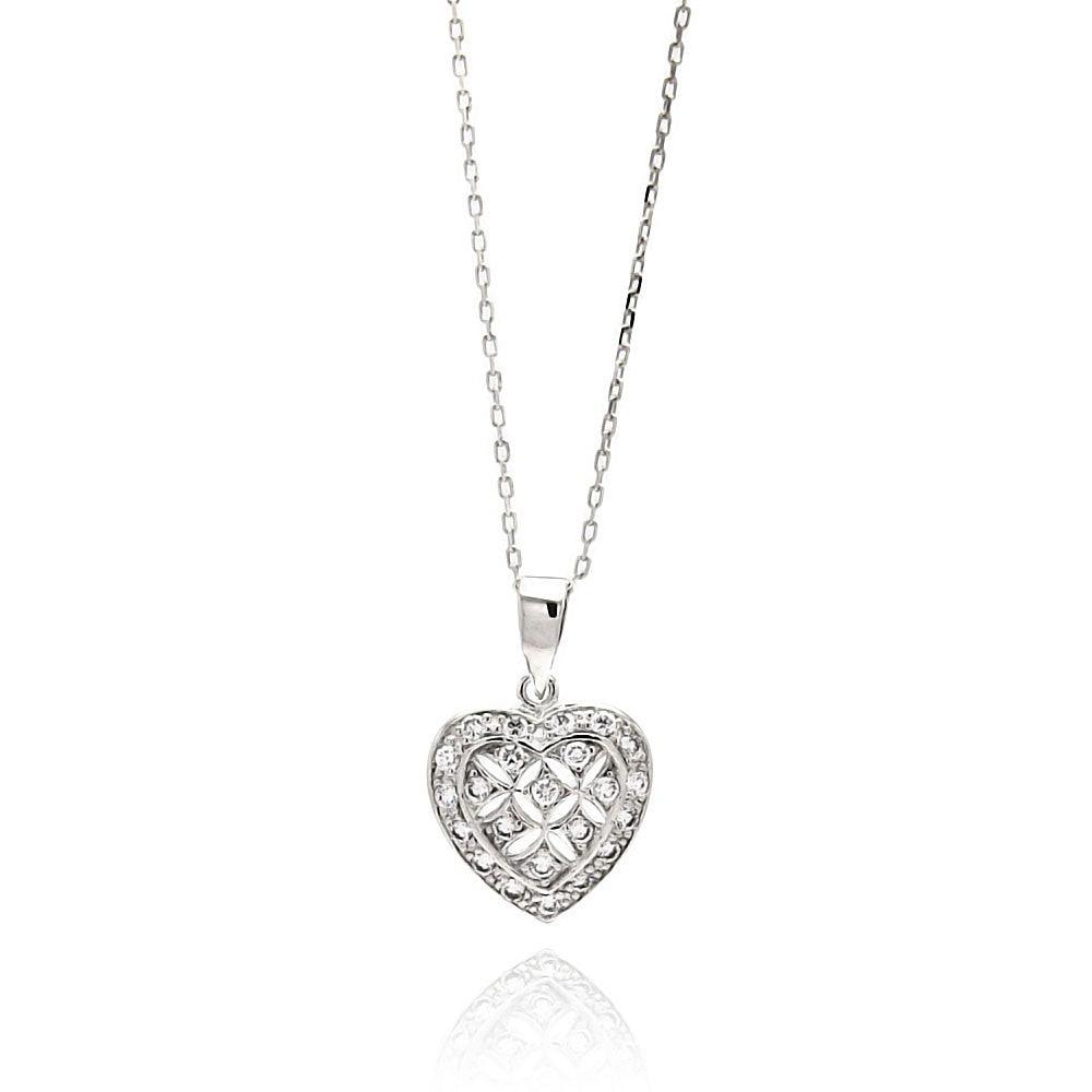 Silver 925 Rhodium Plated Open Heart CZ Necklace - BGP00553