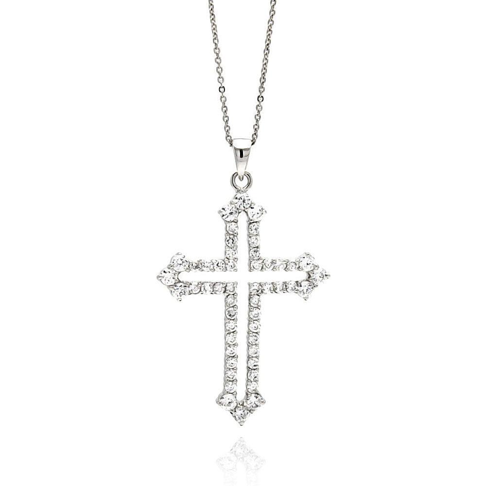 Silver 925 Rhodium Plated Open Cross CZ Necklace - BGP00563