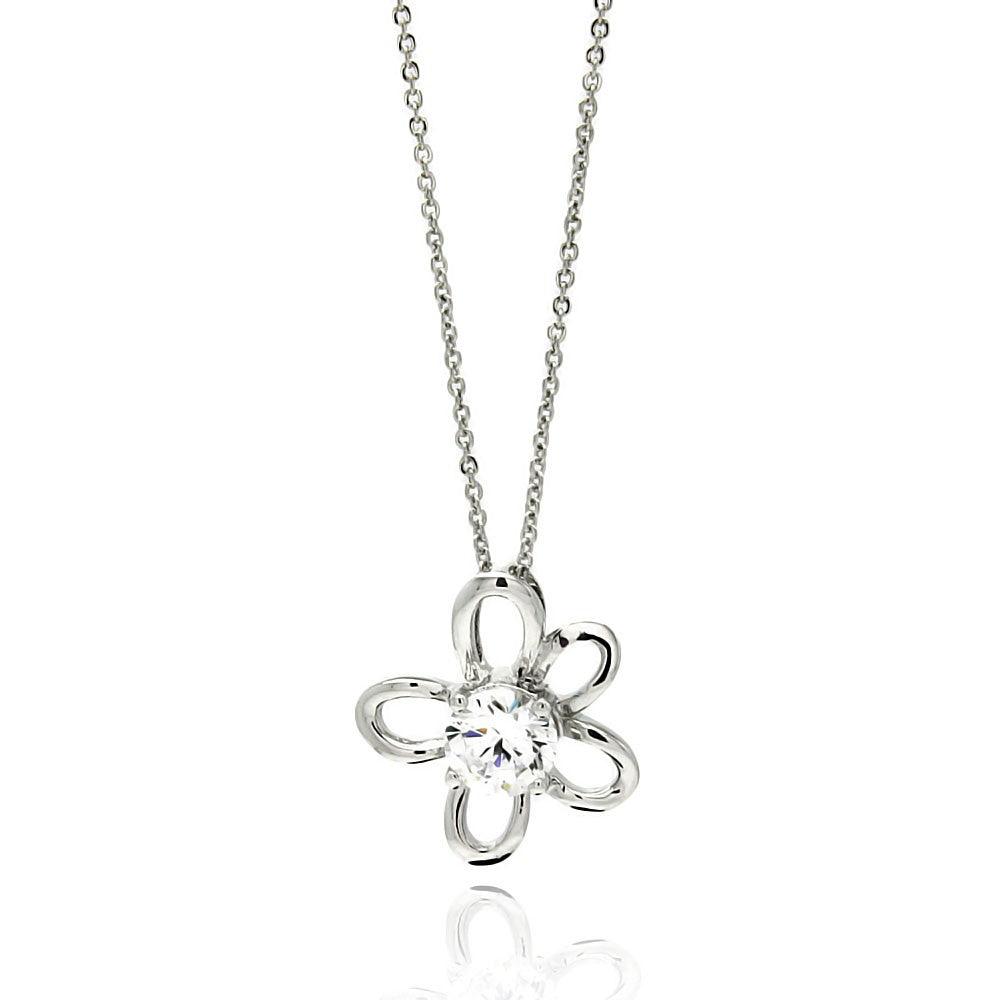 Closeout-Silver 925 Rhodium Plated Open Flower Center CZ Necklace - BGP00565