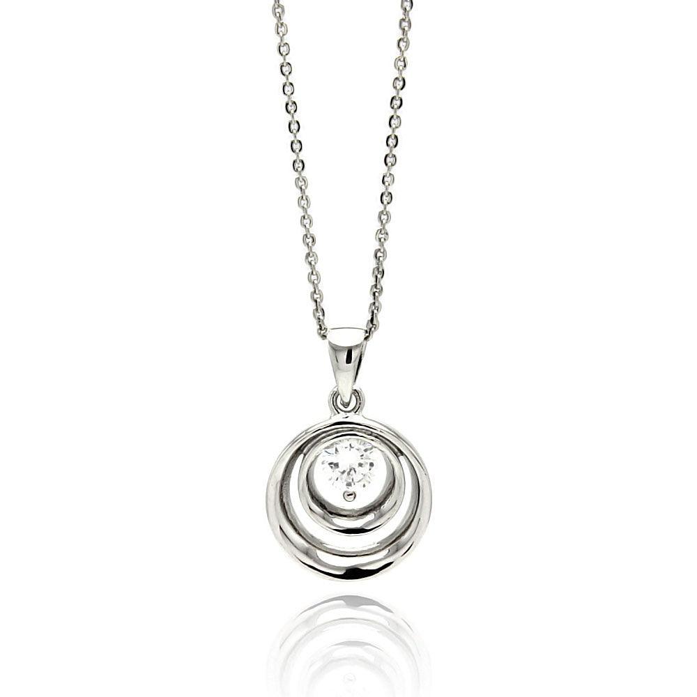 Silver 925 Rhodium Plated Double Open Circle Center CZ Necklace - BGP00567