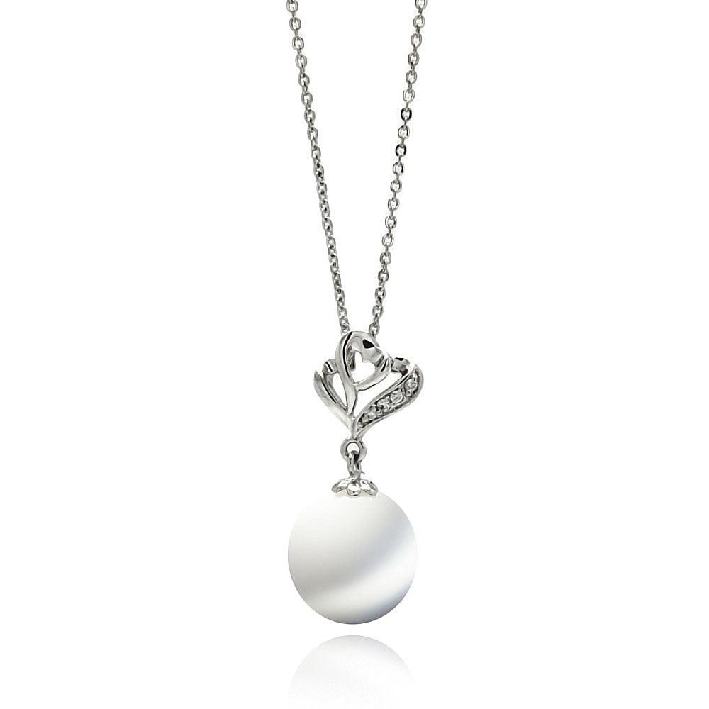 Silver 925 Rhodium Plated Open Heart CZ Hanging Pearl Necklace - BGP00569