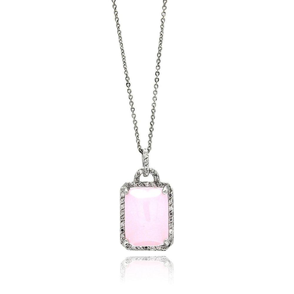 Closeout-Silver 925 Rhodium Plated Pink Square CZ Necklace - BGP00571