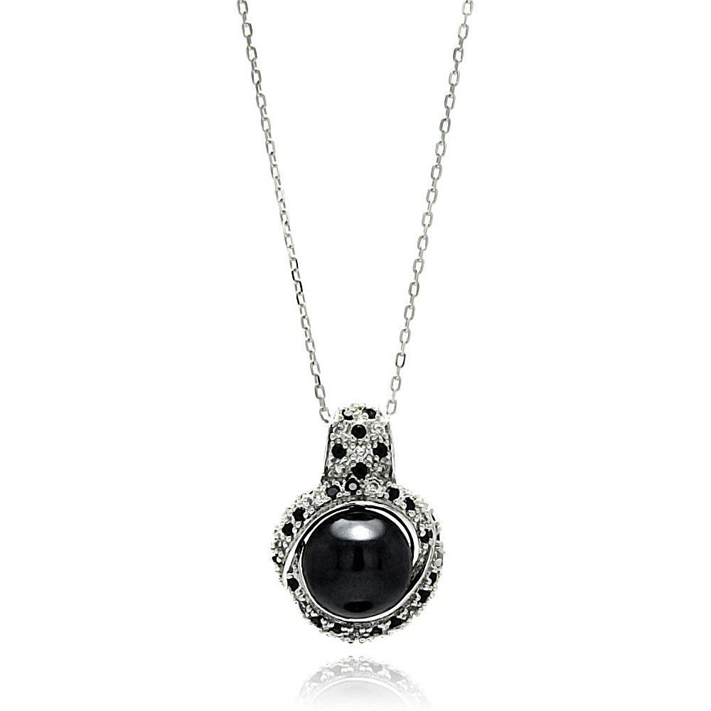 Closeout-Silver 925 Rhodium Plated Round CZ Black Center Pearl Necklace - BGP00573