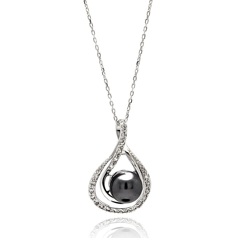 Silver 925 Rhodium Plated Double Open Teardrop CZ Black Center Pearl Necklace - BGP00574