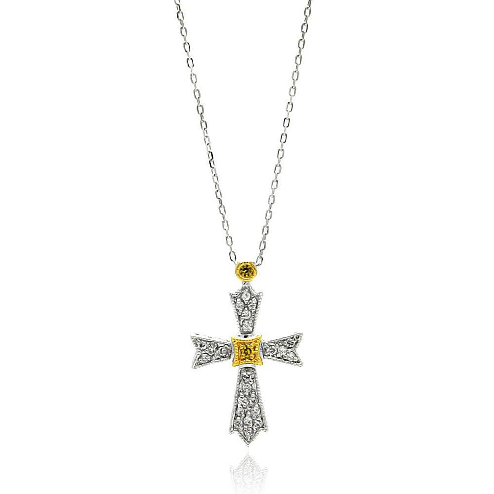 Silver 925 Gold and Rhodium Plated Cross Two Toned CZ Necklace - BGP00575