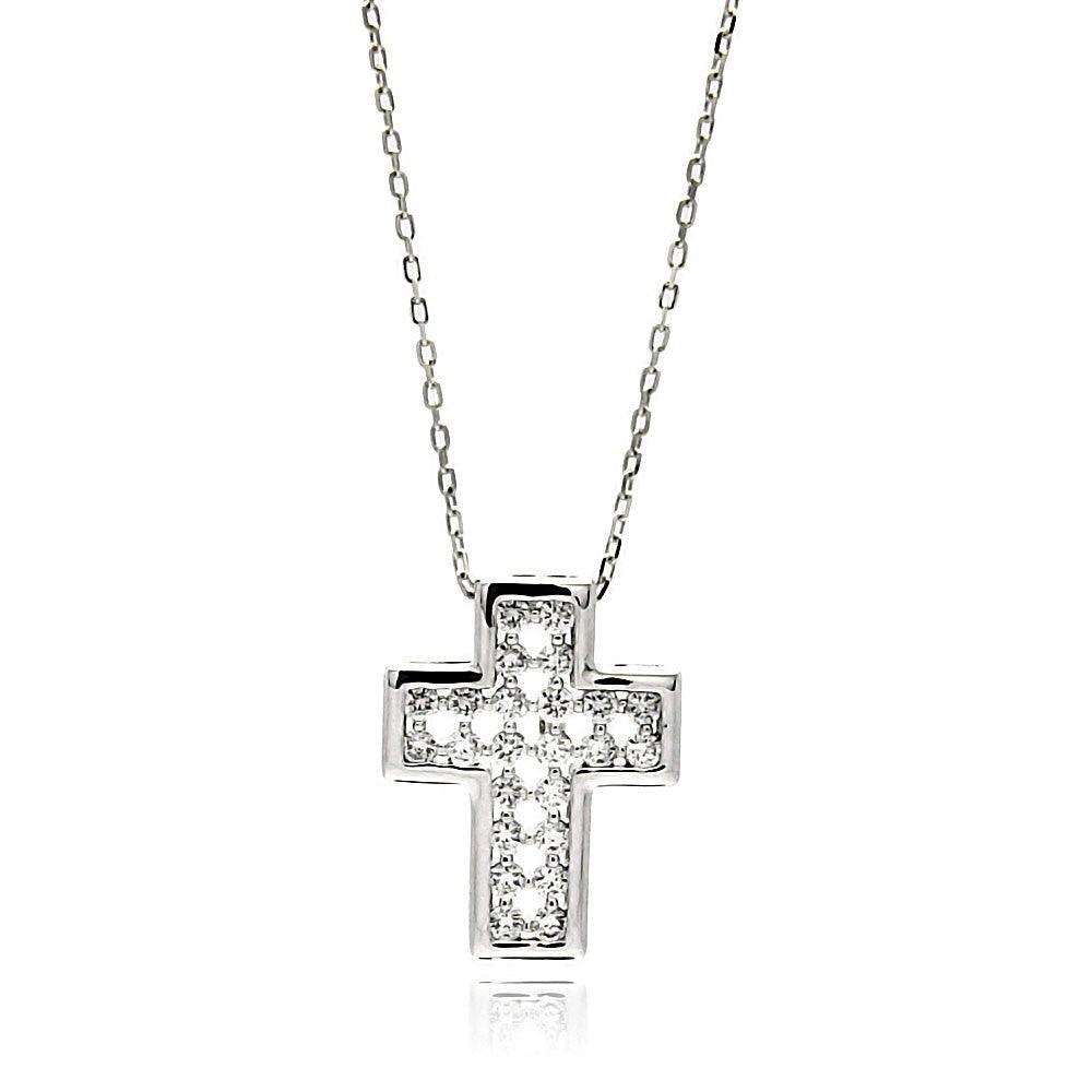 Silver 925 Rhodium Plated Cross CZ Inlay Necklace - BGP00582